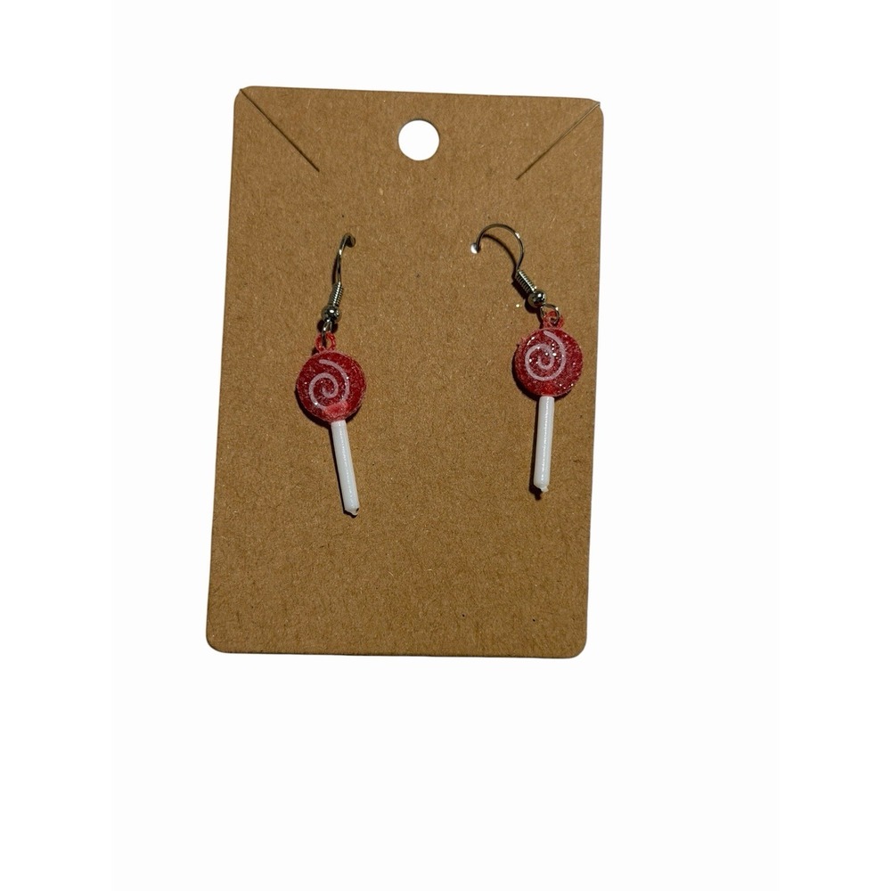 Handmade Red Glitter Lollipop Swirl Dangle Earrings Novelty Candy Jewelry
